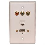 Std. Wall Plate USB + Component Video + Cat5e Jacks - White