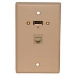 Std. Wall Plate USB + RJ12; Solderless - Ivory